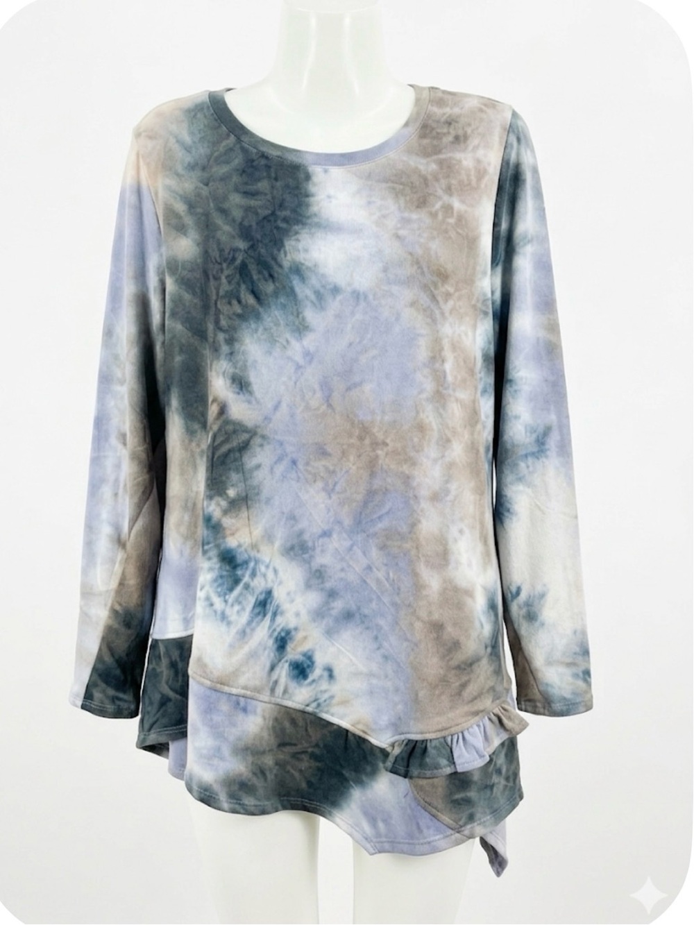 Cupio Gray Blue Tie Dye Asymmetrical Ruffle Long Sleeve Tunic Top Plus Size 2X